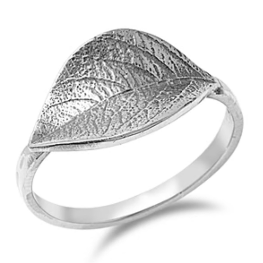 Sterling Silver Leaf Ring – Adjustable Size 6 to 9 – 11 mm Face Height